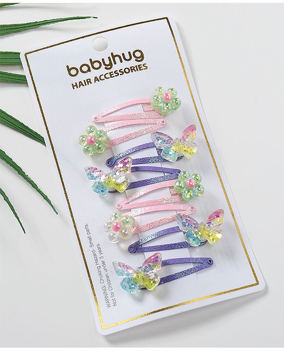 Babyhug Snap Clips with Butterfly Applique Free Size Pack of 8 - Multicolour