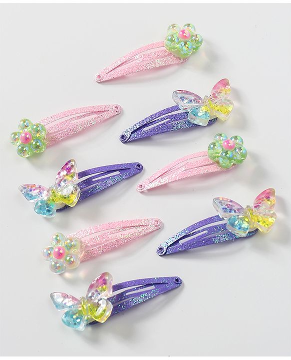Babyhug Snap Clips with Butterfly Applique Free Size Pack of 8 - Multicolour
