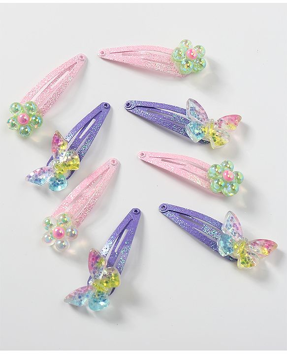 Babyhug Snap Clips with Butterfly Applique Free Size Pack of 8 - Multicolour