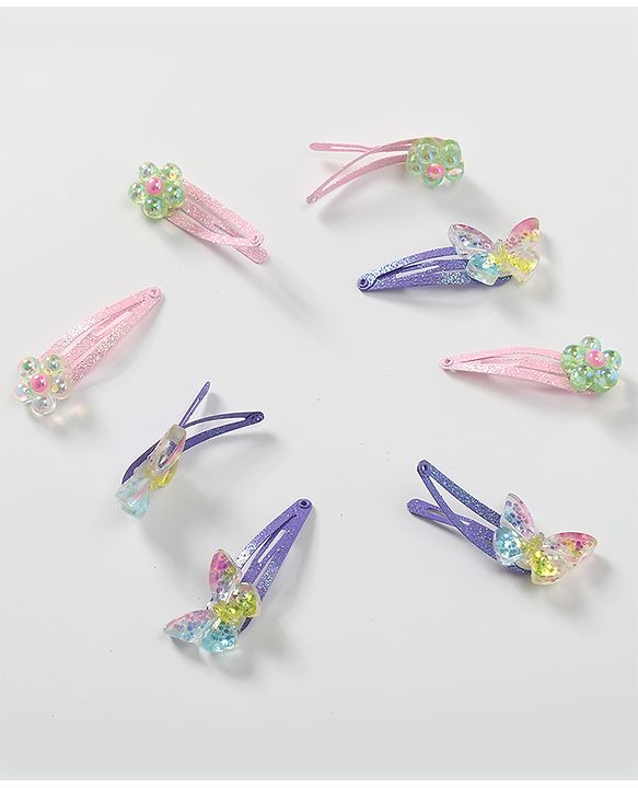 Babyhug Snap Clips with Butterfly Applique Free Size Pack of 8 - Multicolour