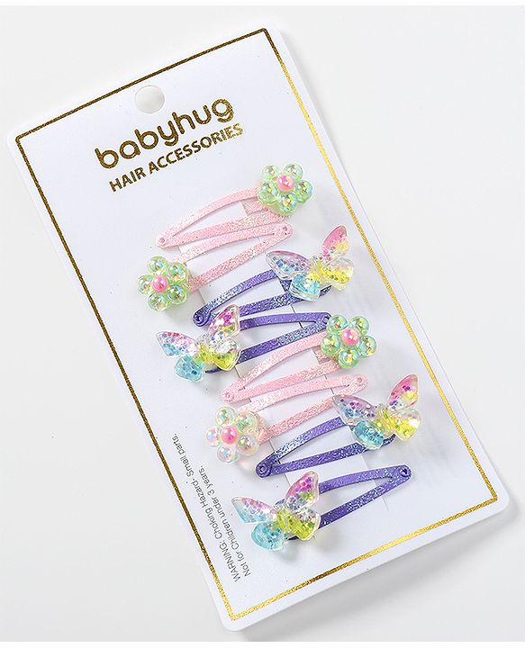 Babyhug Snap Clips with Butterfly Applique Free Size Pack of 8 - Multicolour