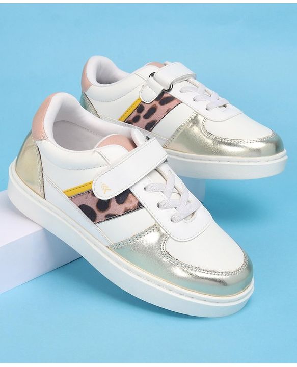 Pine Kids Casual Shoes with Velcro Closure - White & Golden
