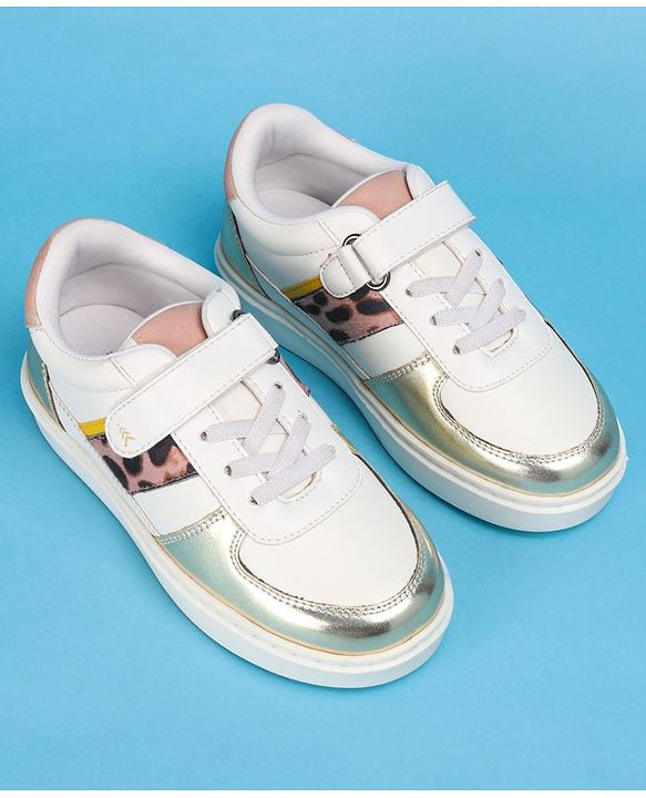 Pine Kids Casual Shoes with Velcro Closure - White & Golden