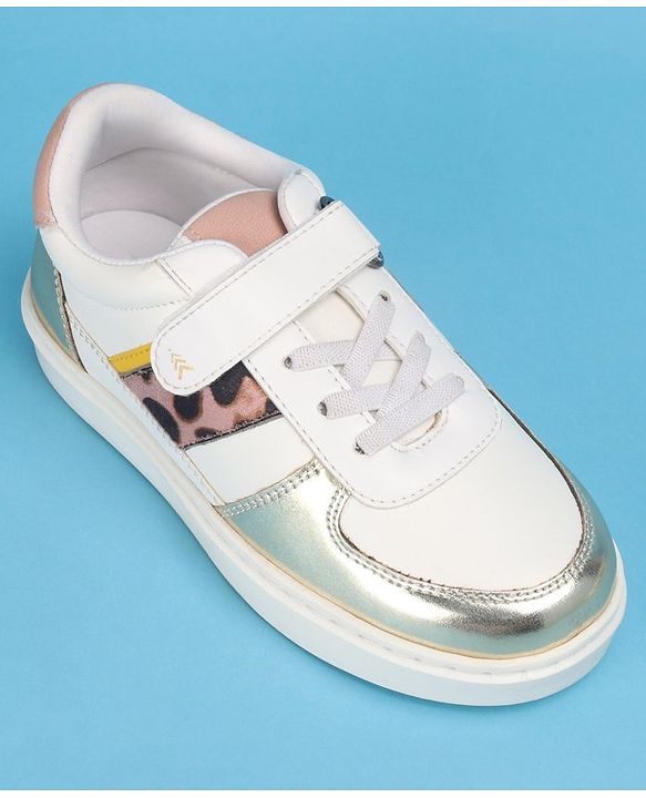 Pine Kids Casual Shoes with Velcro Closure - White & Golden