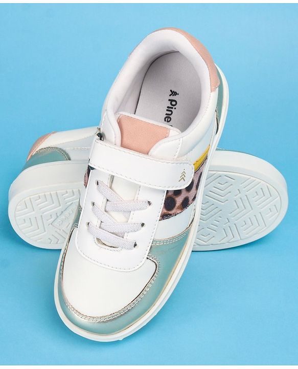 Pine Kids Casual Shoes with Velcro Closure - White & Golden