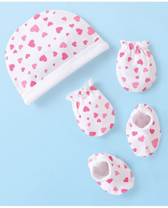 Babyhug 100% Cotton Knit Cap Mittens & Booties Set Heart Print - White