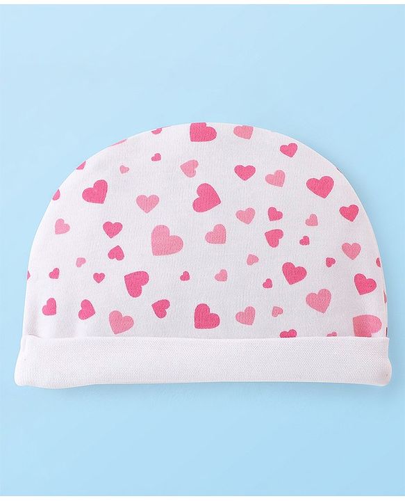 Babyhug 100% Cotton Knit Cap Mittens & Booties Set Heart Print - White