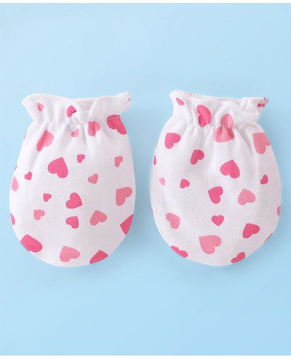 Babyhug 100% Cotton Knit Cap Mittens & Booties Set Heart Print - White