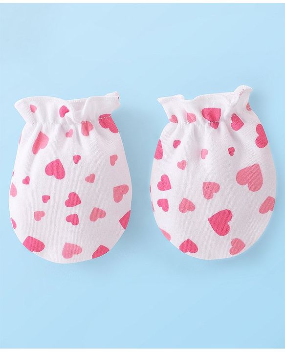 Babyhug 100% Cotton Knit Cap Mittens & Booties Set Heart Print - White