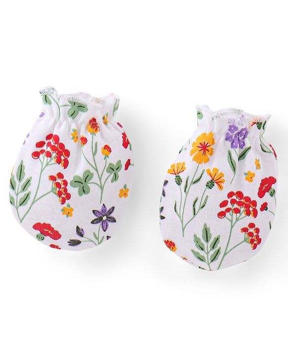Babyhug 100% Cotton Knit Cap Mittens & Booties With Floral Print - White