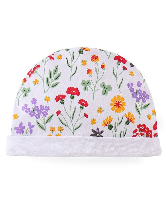 Babyhug 100% Cotton Knit Cap Mittens & Booties With Floral Print - White