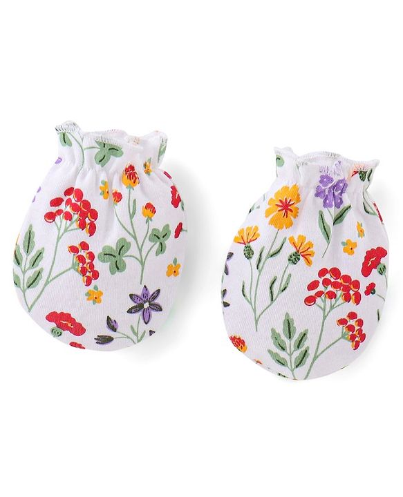 Babyhug 100% Cotton Knit Cap Mittens & Booties With Floral Print - White