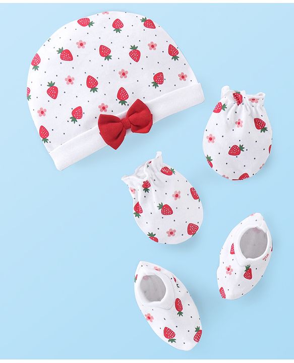 Babyhug 100% Cotton Knit Cap Mittens & Booties With Strawberry Print - White & Red