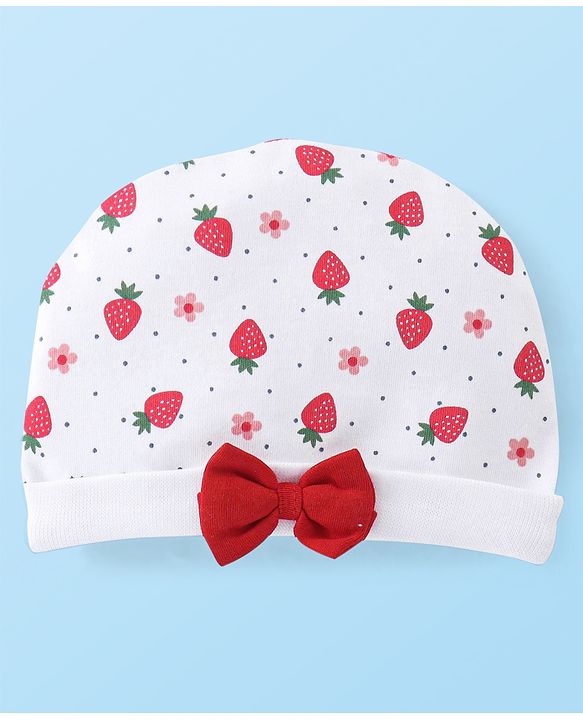 Babyhug 100% Cotton Knit Cap Mittens & Booties With Strawberry Print - White & Red