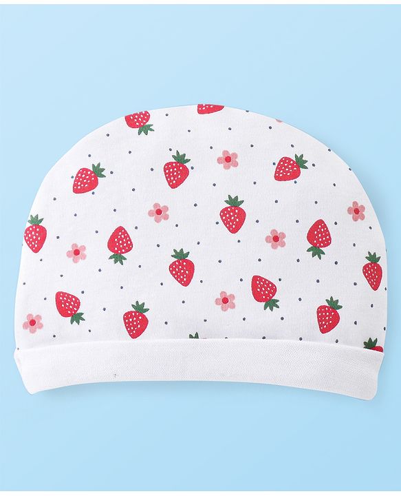 Babyhug 100% Cotton Knit Cap Mittens & Booties With Strawberry Print - White & Red