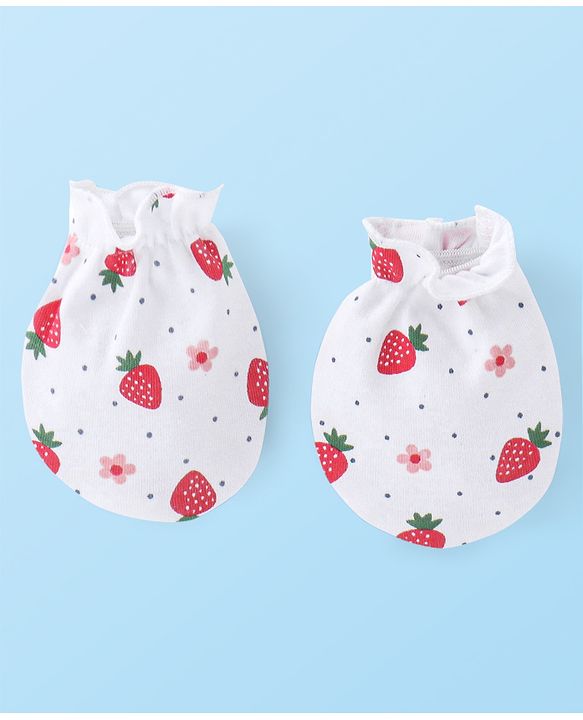 Babyhug 100% Cotton Knit Cap Mittens & Booties With Strawberry Print - White & Red