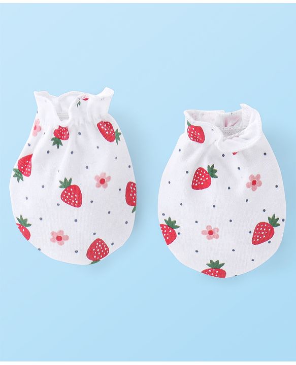 Babyhug 100% Cotton Knit Cap Mittens & Booties With Strawberry Print - White & Red