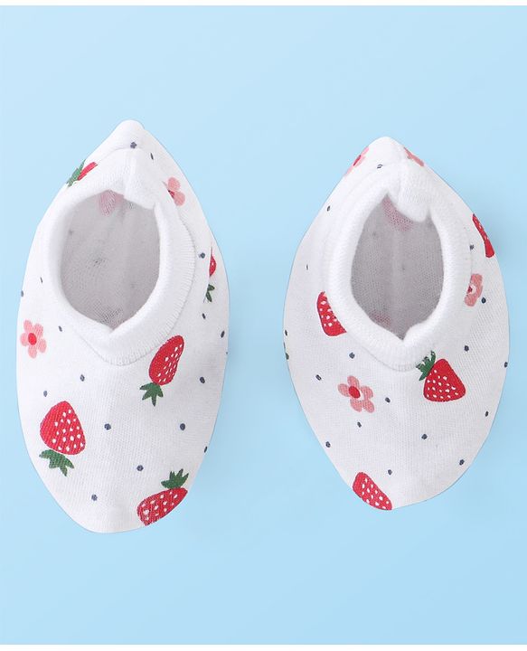 Babyhug 100% Cotton Knit Cap Mittens & Booties With Strawberry Print - White & Red