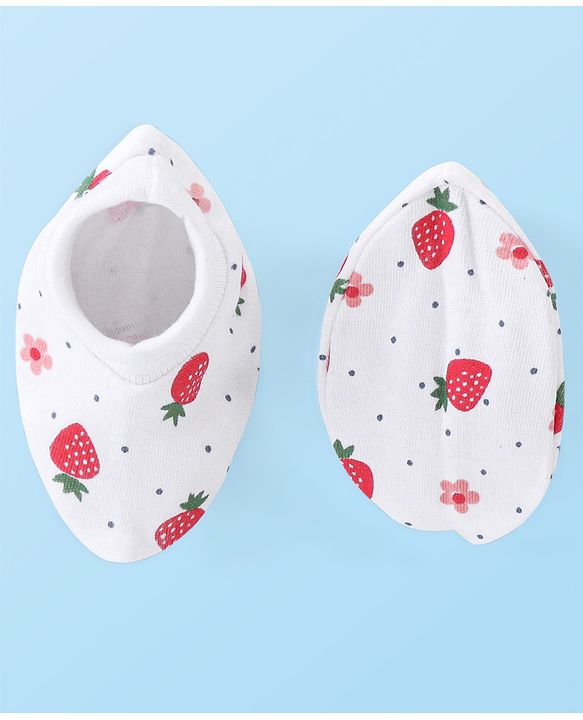 Babyhug 100% Cotton Knit Cap Mittens & Booties With Strawberry Print - White & Red