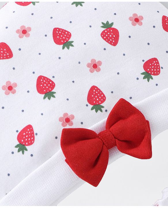 Babyhug 100% Cotton Knit Cap Mittens & Booties With Strawberry Print - White & Red