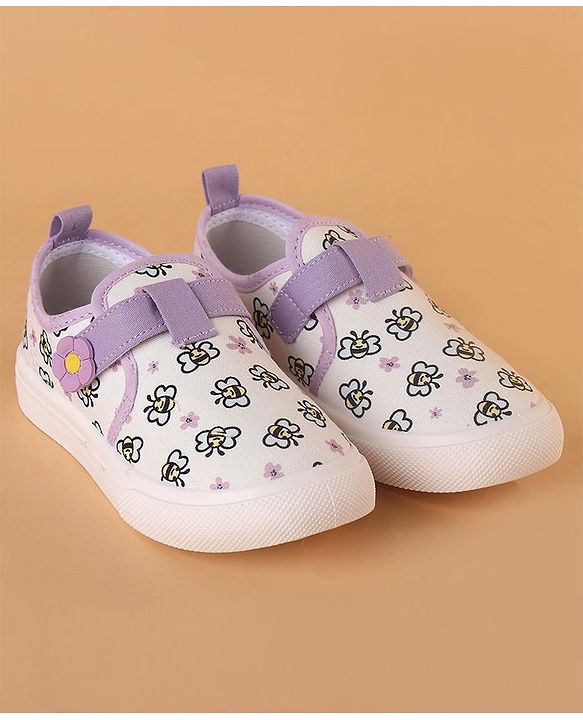 Cute Walk by Babyhug Velcro Closure Casual Shoes with Bees Print and Floral Applique - Purple