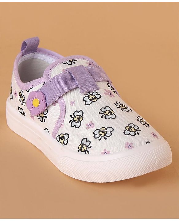 Cute Walk by Babyhug Velcro Closure Casual Shoes with Bees Print and Floral Applique - Purple