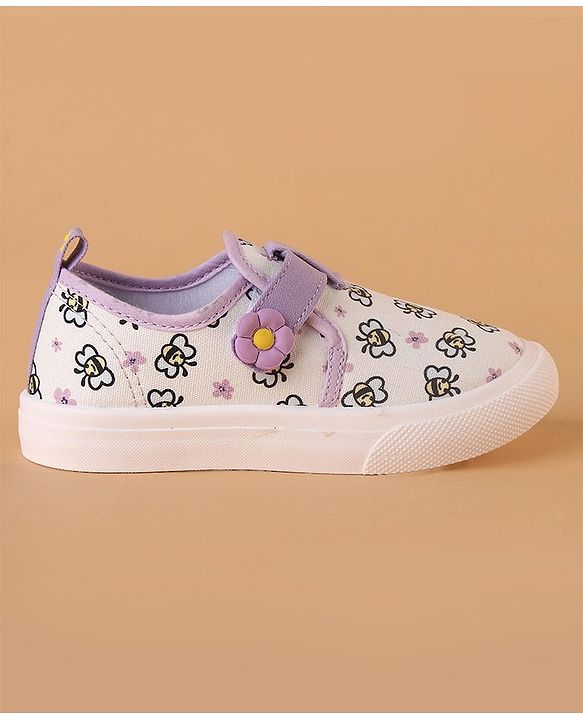 Cute Walk by Babyhug Velcro Closure Casual Shoes with Bees Print and Floral Applique - Purple