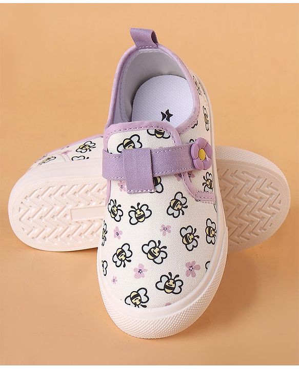 Cute Walk by Babyhug Velcro Closure Casual Shoes with Bees Print and Floral Applique - Purple