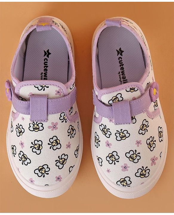 Cute Walk by Babyhug Velcro Closure Casual Shoes with Bees Print and Floral Applique - Purple