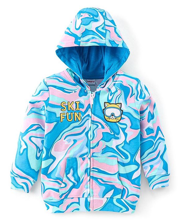 Babyhug Cotton Knit Full Sleeves Hooded Sweat Jacket with Front Zipper & Marble Print - Blue