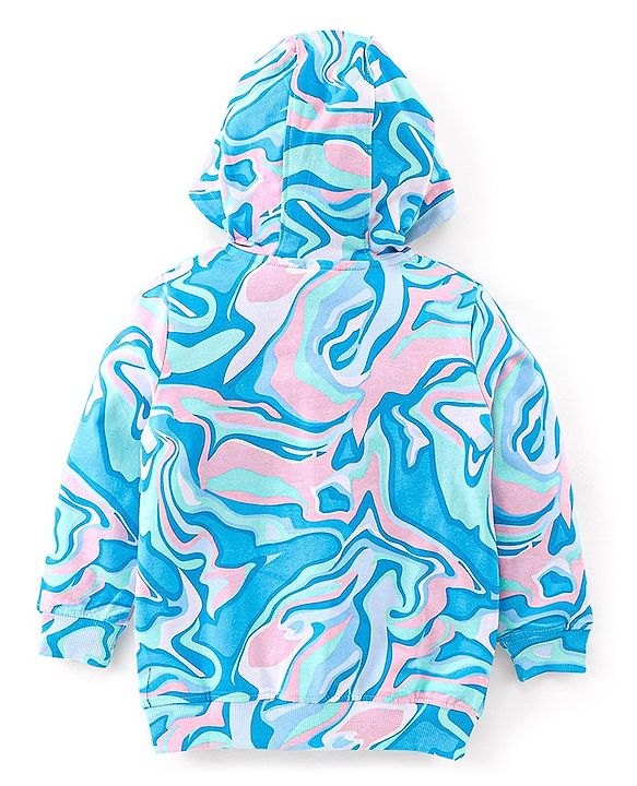 Babyhug Cotton Knit Full Sleeves Hooded Sweat Jacket with Front Zipper & Marble Print - Blue
