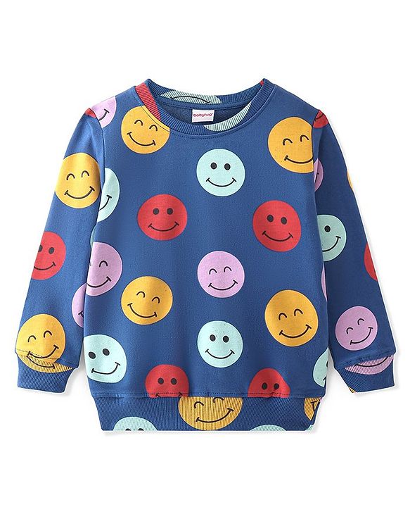 Babyhug 100% Cotton Knit Full Sleeves Sweatshirt With Smile Print - Navy Blue