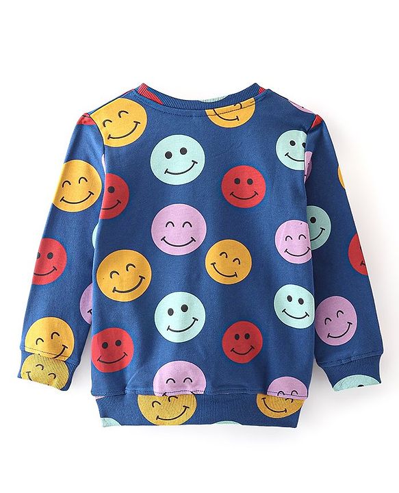 Babyhug 100% Cotton Knit Full Sleeves Sweatshirt With Smile Print - Navy Blue