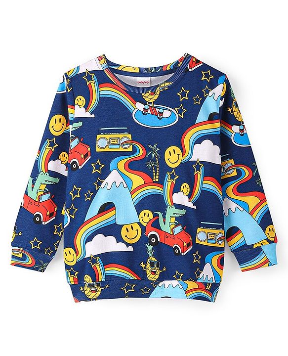 Babyhug Cotton Knit Full Sleeves Smiley & Car Printed Sweatshirt - Navy Blue