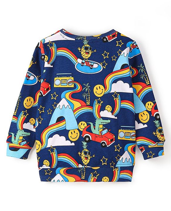 Babyhug Cotton Knit Full Sleeves Smiley & Car Printed Sweatshirt - Navy Blue