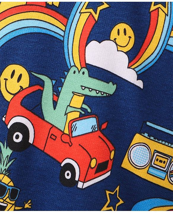 Babyhug Cotton Knit Full Sleeves Smiley & Car Printed Sweatshirt - Navy Blue