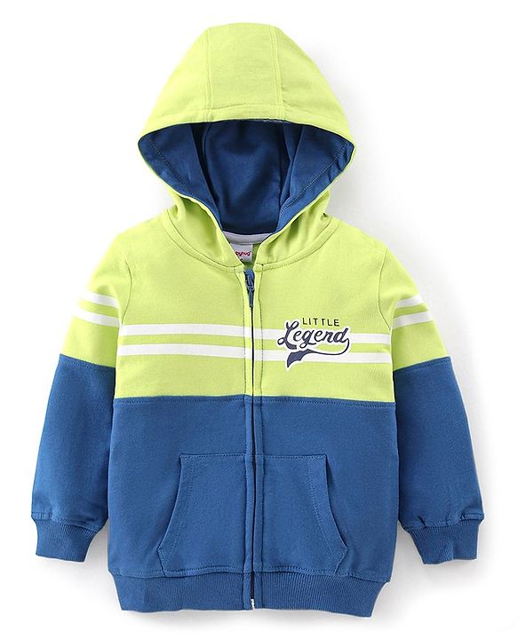 Babyhug Cotton Knit Full Sleeves Hooded Sweat Jacket with Front Zipper Cut & Sew Design - Green & Navy Blue