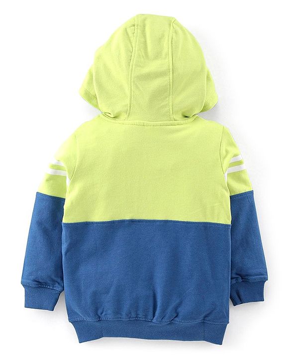 Babyhug Cotton Knit Full Sleeves Hooded Sweat Jacket with Front Zipper Cut & Sew Design - Green & Navy Blue