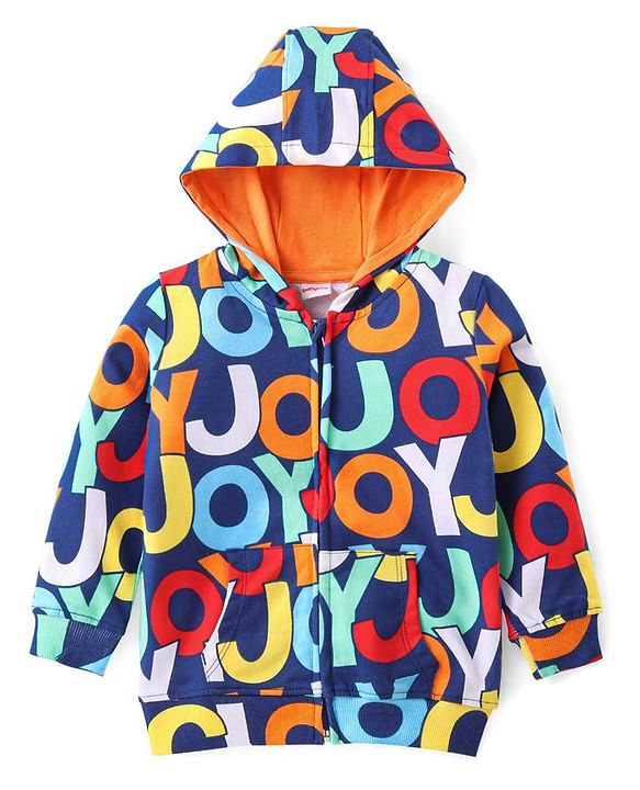 Babyhug Cotton Knit Full Sleeves Hooded Sweat Jacket with Zipper & Text Print - Multicolour