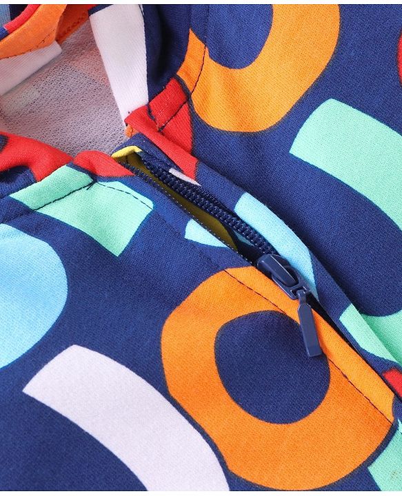 Babyhug Cotton Knit Full Sleeves Hooded Sweat Jacket with Zipper & Text Print - Multicolour