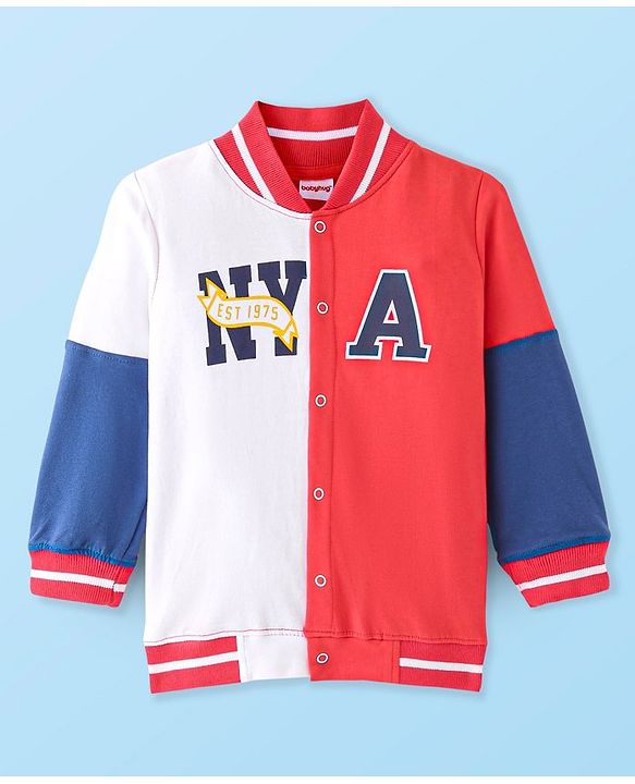 Babyhug 100% Cotton Knit Full Sleeves Front Open Bomber Jacket with Text Graphics & Embroidery Detailing - Red & White