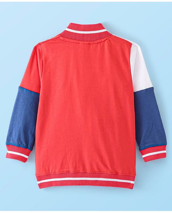Babyhug 100% Cotton Knit Full Sleeves Front Open Bomber Jacket with Text Graphics & Embroidery Detailing - Red & White