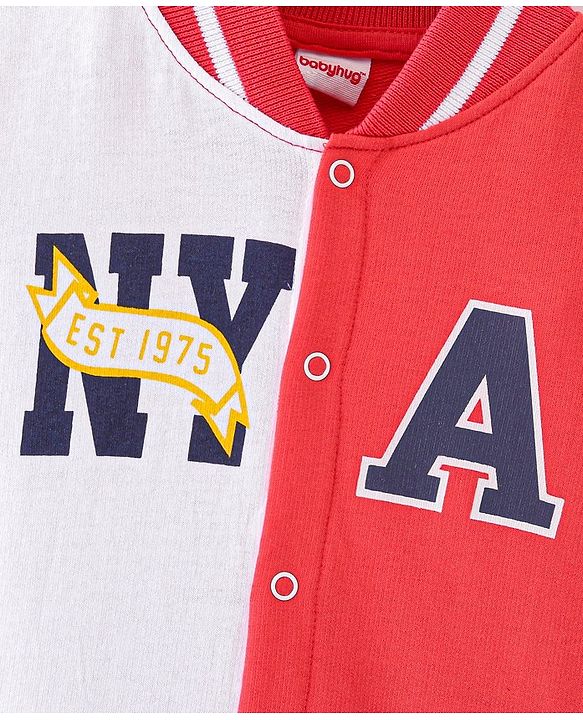 Babyhug 100% Cotton Knit Full Sleeves Front Open Bomber Jacket with Text Graphics & Embroidery Detailing - Red & White