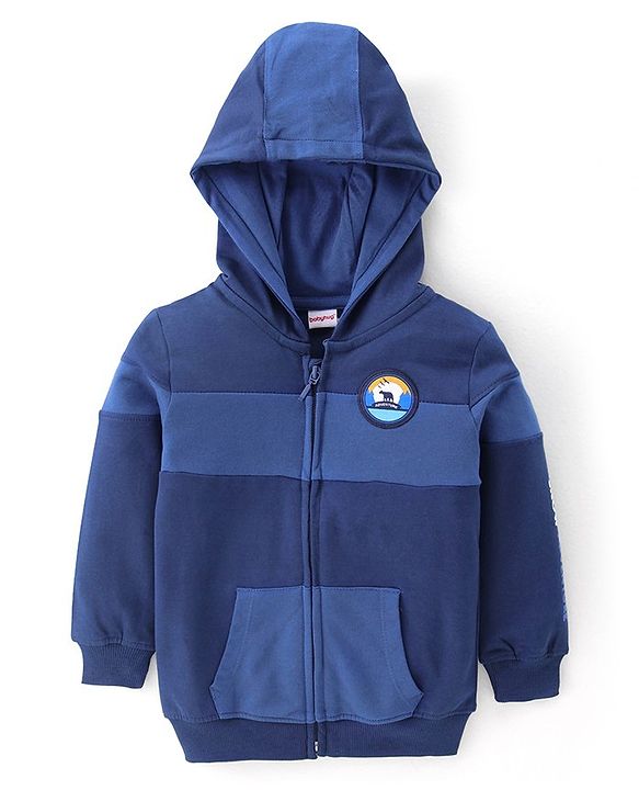 Babyhug 100% Cotton Knit Full Sleeves Hooded Sweatjacket With Adventure Patch - Navy Blue