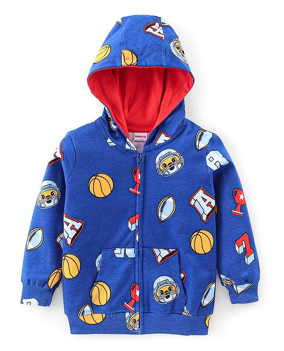 Babyhug Cotton Knit Full Sleeves Hooded Sweat Jacket with Front Zipper Sports Print - Navy Blue