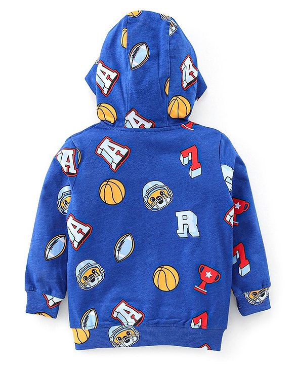 Babyhug Cotton Knit Full Sleeves Hooded Sweat Jacket with Front Zipper Sports Print - Navy Blue