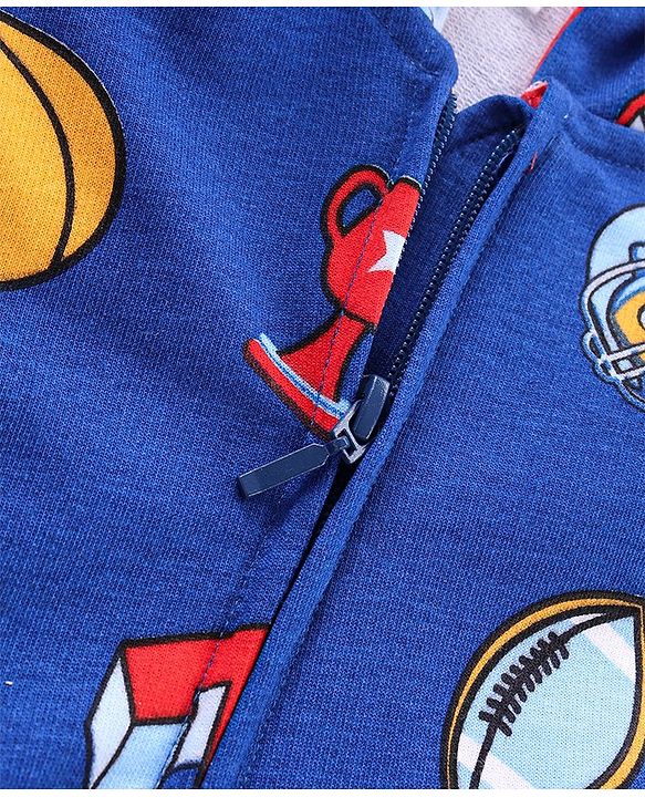 Babyhug Cotton Knit Full Sleeves Hooded Sweat Jacket with Front Zipper Sports Print - Navy Blue