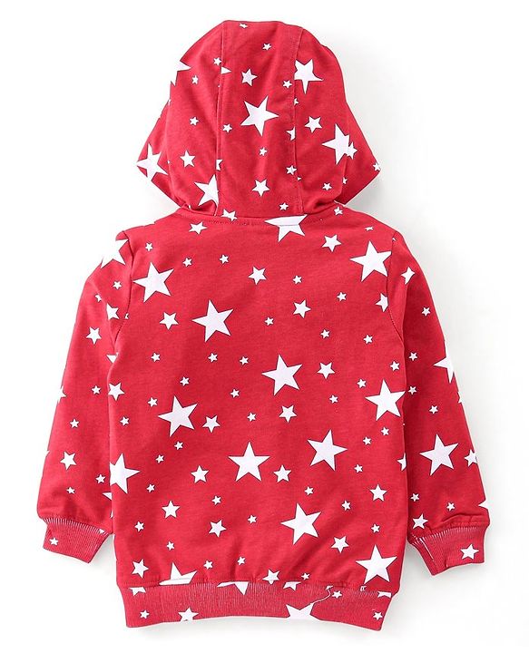 Babyhug 100% Cotton Knit Full Sleeves Hooded Sweatjacket with Zipper & Star Print - Maroon