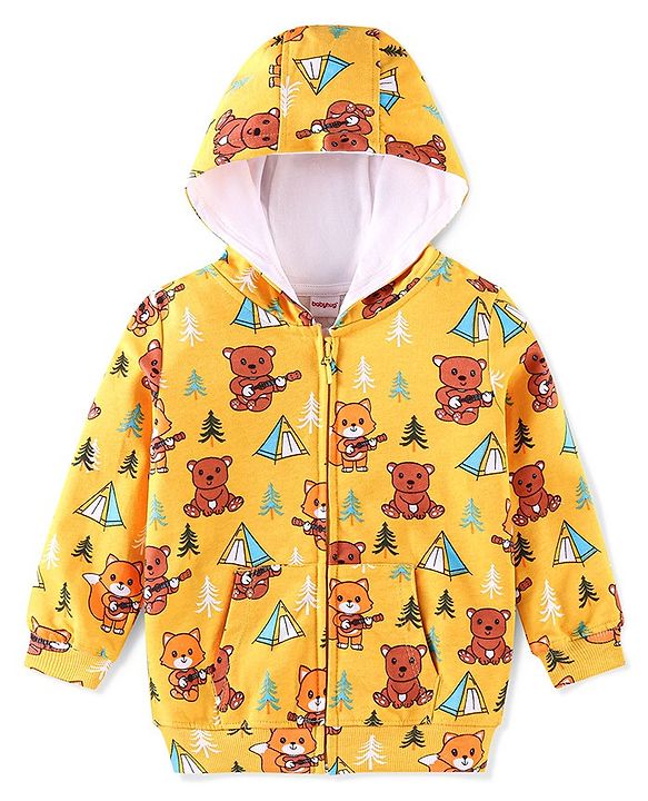 Babyhug 100% Cotton Knit Full Sleeves Hooded Sweatshirt With Teddy Print - Yellow