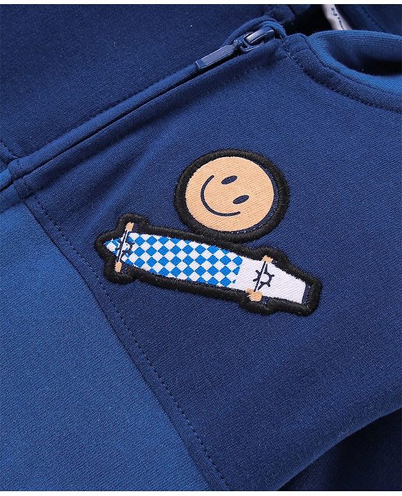 Babyhug 100% Cotton Knit Full Sleeves Hooded Sweatjacket With Skateboard Embroidery - Navy Blue